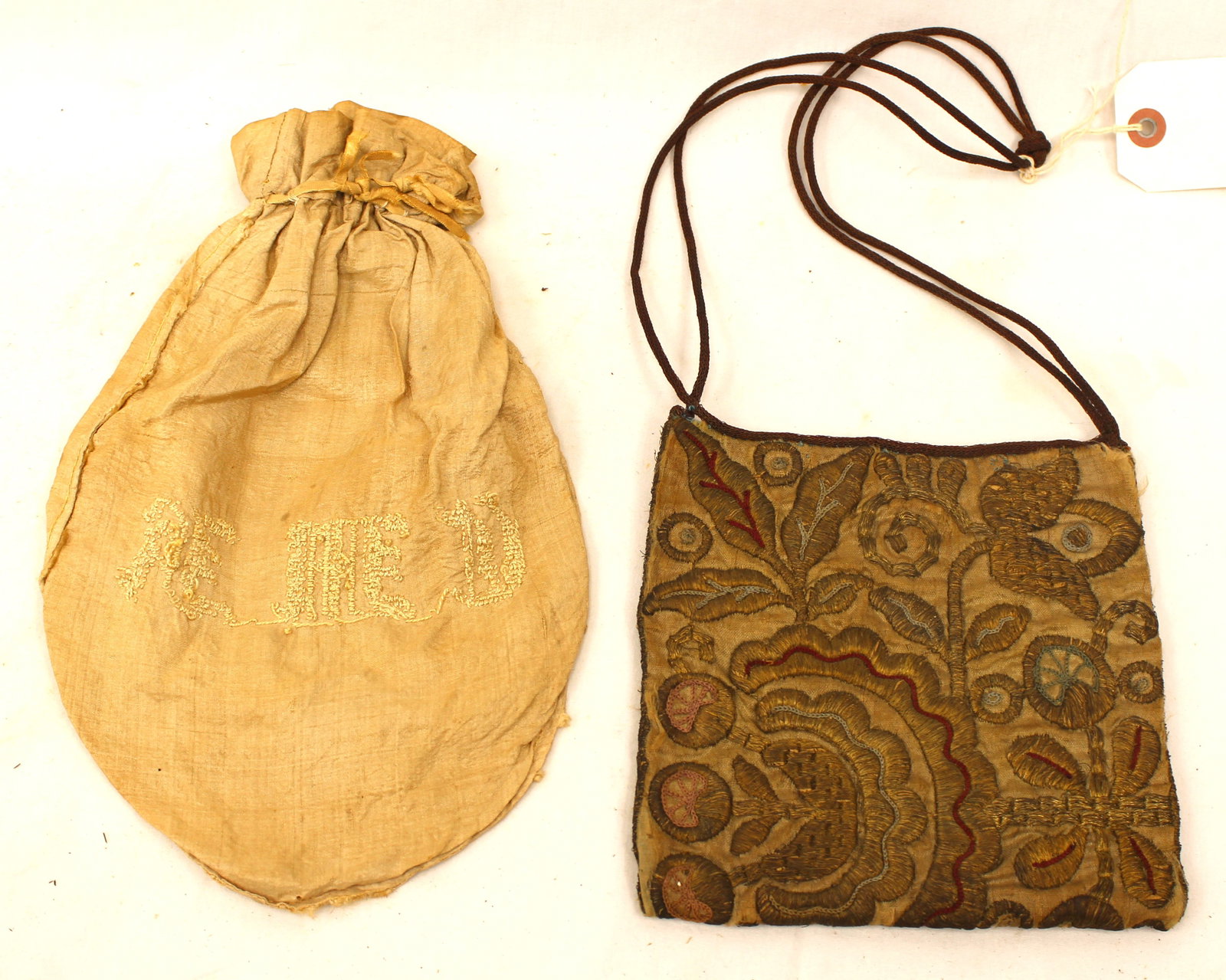 Lot of 2 antique bags - 1 ditty bag & an embroidered bag - 7" & 11 1/2" (1 of 6)