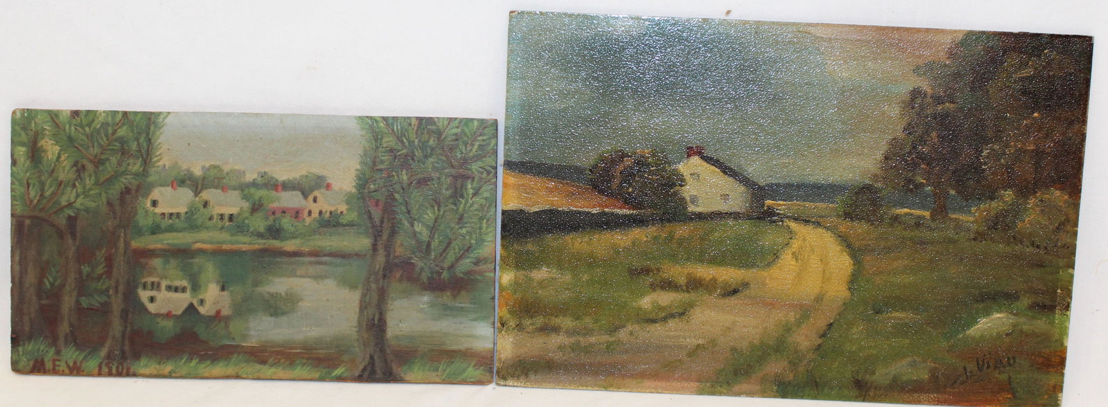 Lot of 2 small antique o/bds w lake & houses - 1 signed MEW dated 1901 & the other signed illegibly (1 of 10)