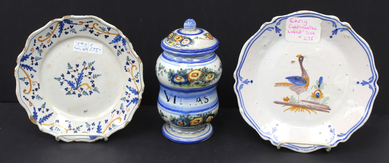 Lot of 3 tin glazed earthenware items - 9" & 10" diam chargers & 8" tall covered jar (1 of 5)