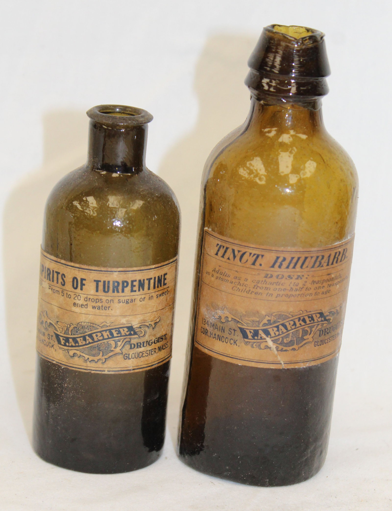 Lot of 2 early amber glass bottles w labels - 4 1/2" - 5 1/2" tall (1 of 7)