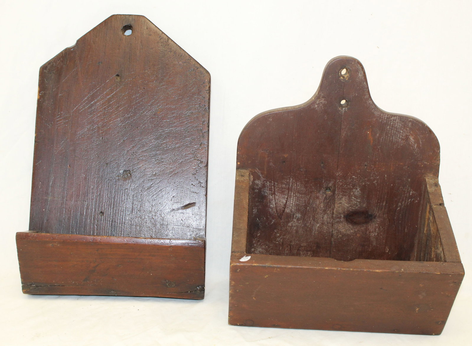 Lot of 2 antique wooden wall boxes - 16" tall x 10"x3 1/2" & 14" tall x 11"x7" (1 of 8)