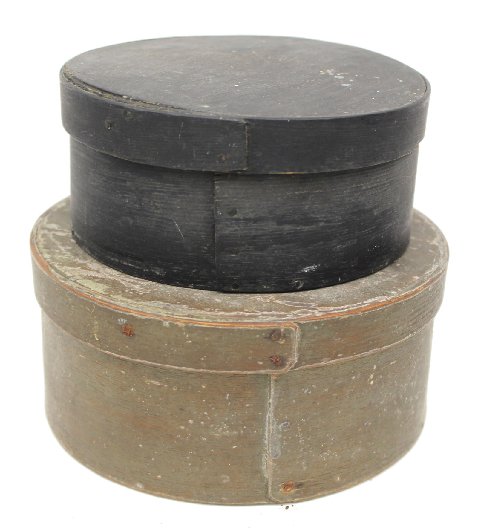 Lot of 2 antique round pantry boxes in black & gray - 3 1/2" x 7 3/4" diam & 3 1/2" x 6 3/4" diam (1 of 6)