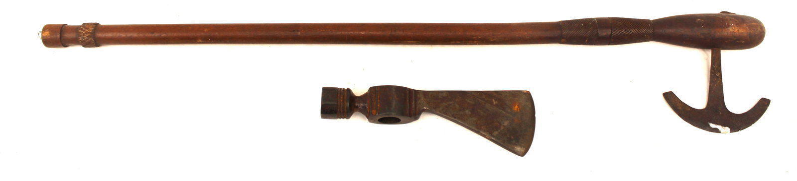 Lot of 2 attrib Native American items - one on wooden handle & pipe tomahawk head - 7 1/2" - 26" (1 of 11)