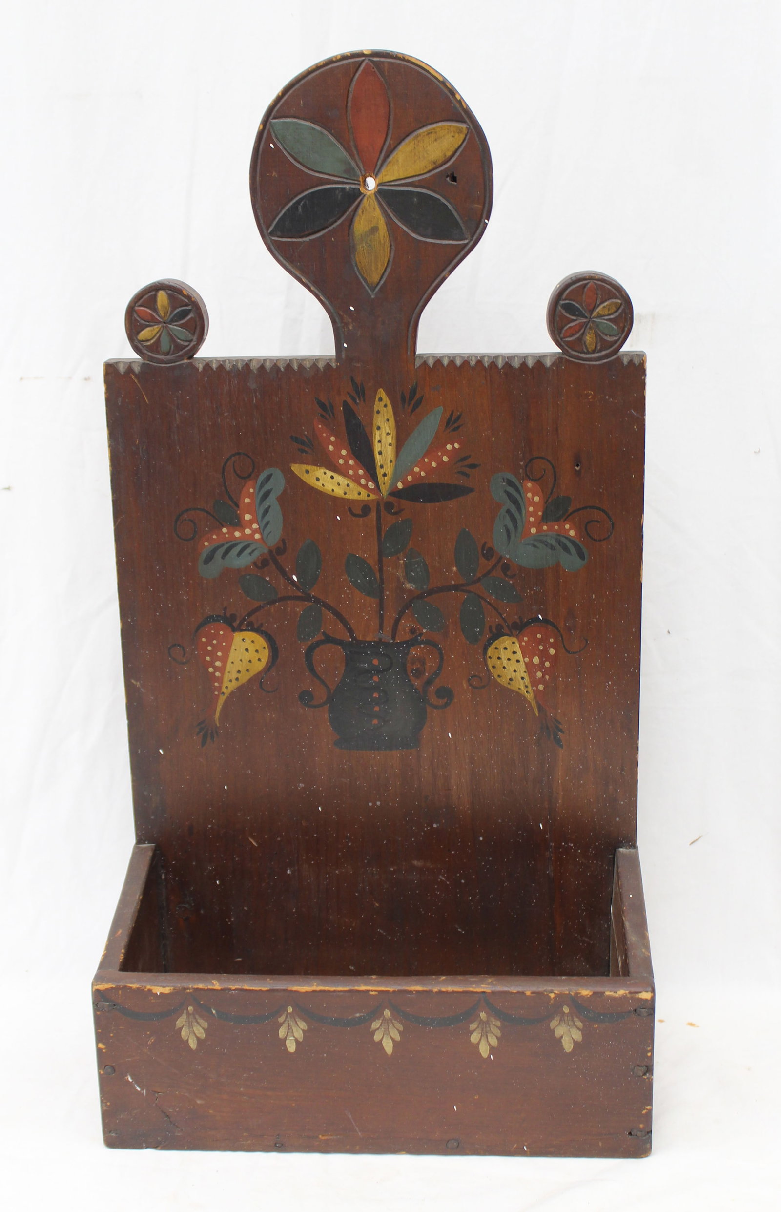 Antique wall box w floral paint decoration - 27" tall x 14"x7": Antique wall box w floral paint decoration - 27" tall x 14"x7"
