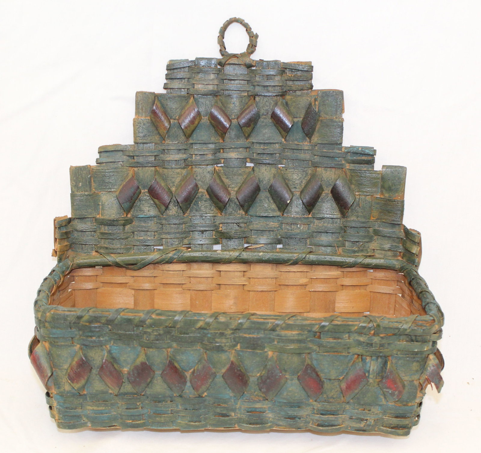 Antique weaver's basket in green paint - 12" tall x 11"x5": Antique weaver's basket in green paint - 12" tall x 11"x5"