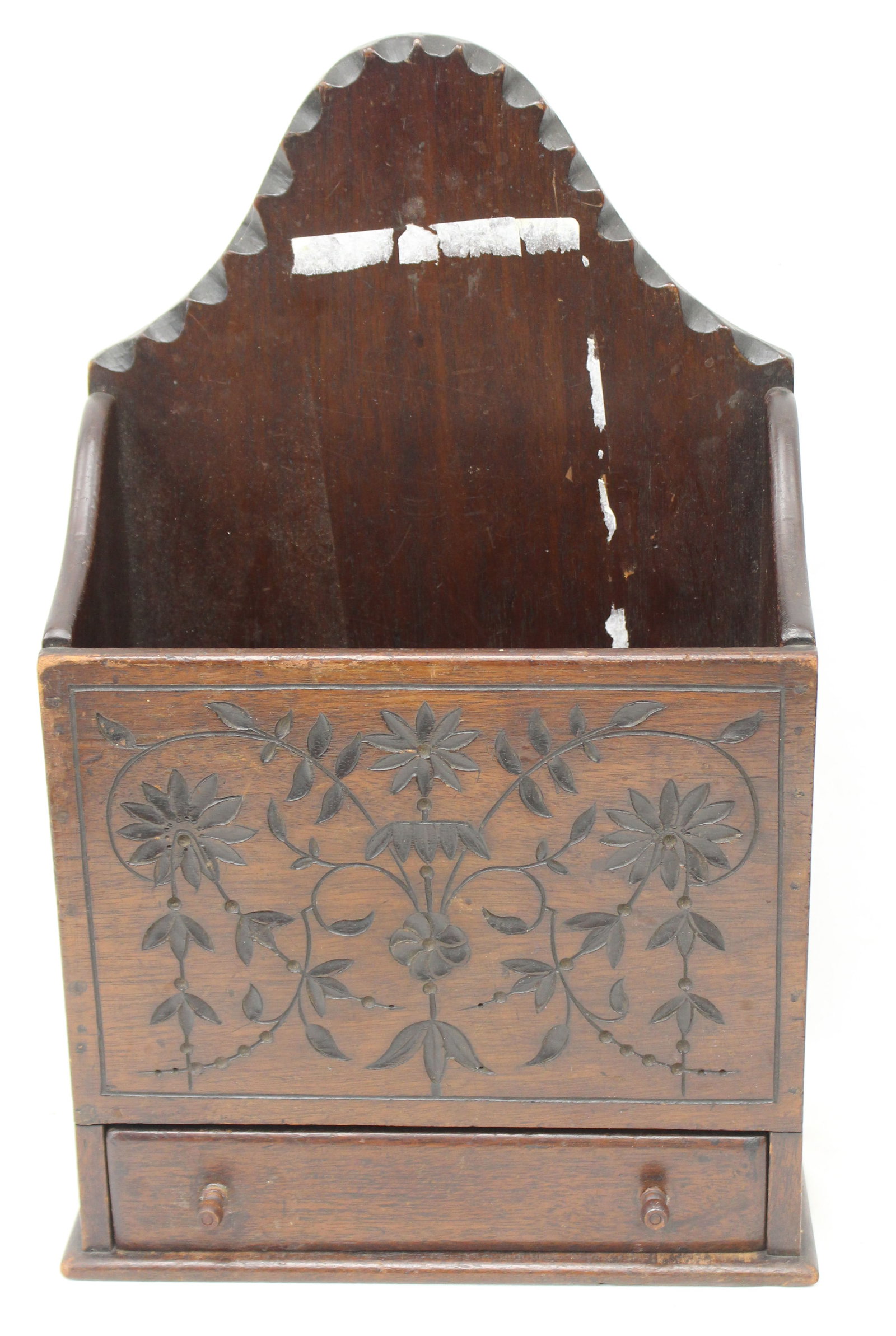 Antique wall box w 1 drawer & carved floral decoration - 17" tall x 10 1/2"x5": Antique wall box w 1 drawer & carved floral decoration - 17" tall x 10 1/2"x5"