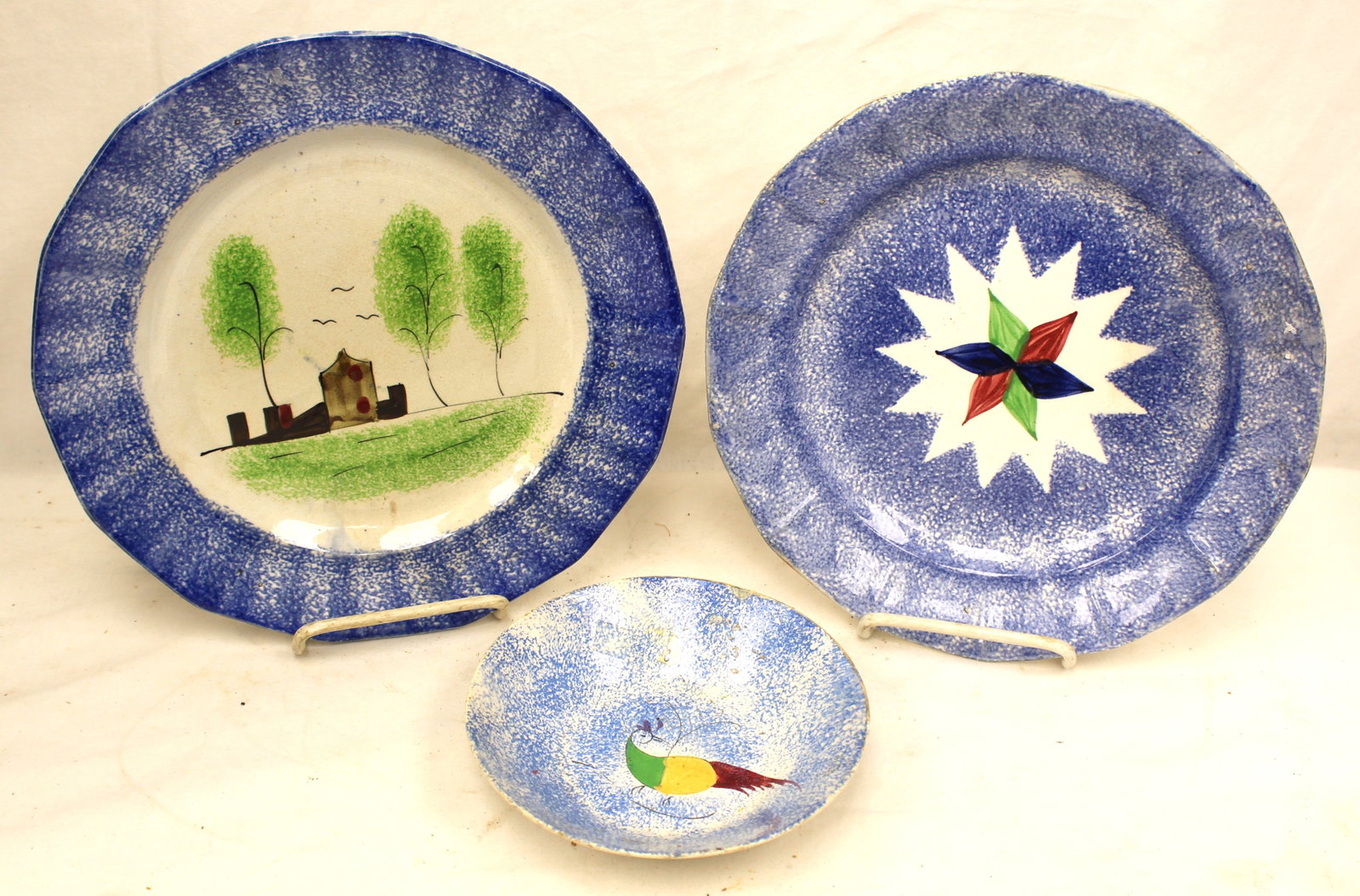 Lot of 3 antique stick spatter plates - 6", 9 1/2" & 10" diam (1 of 8)