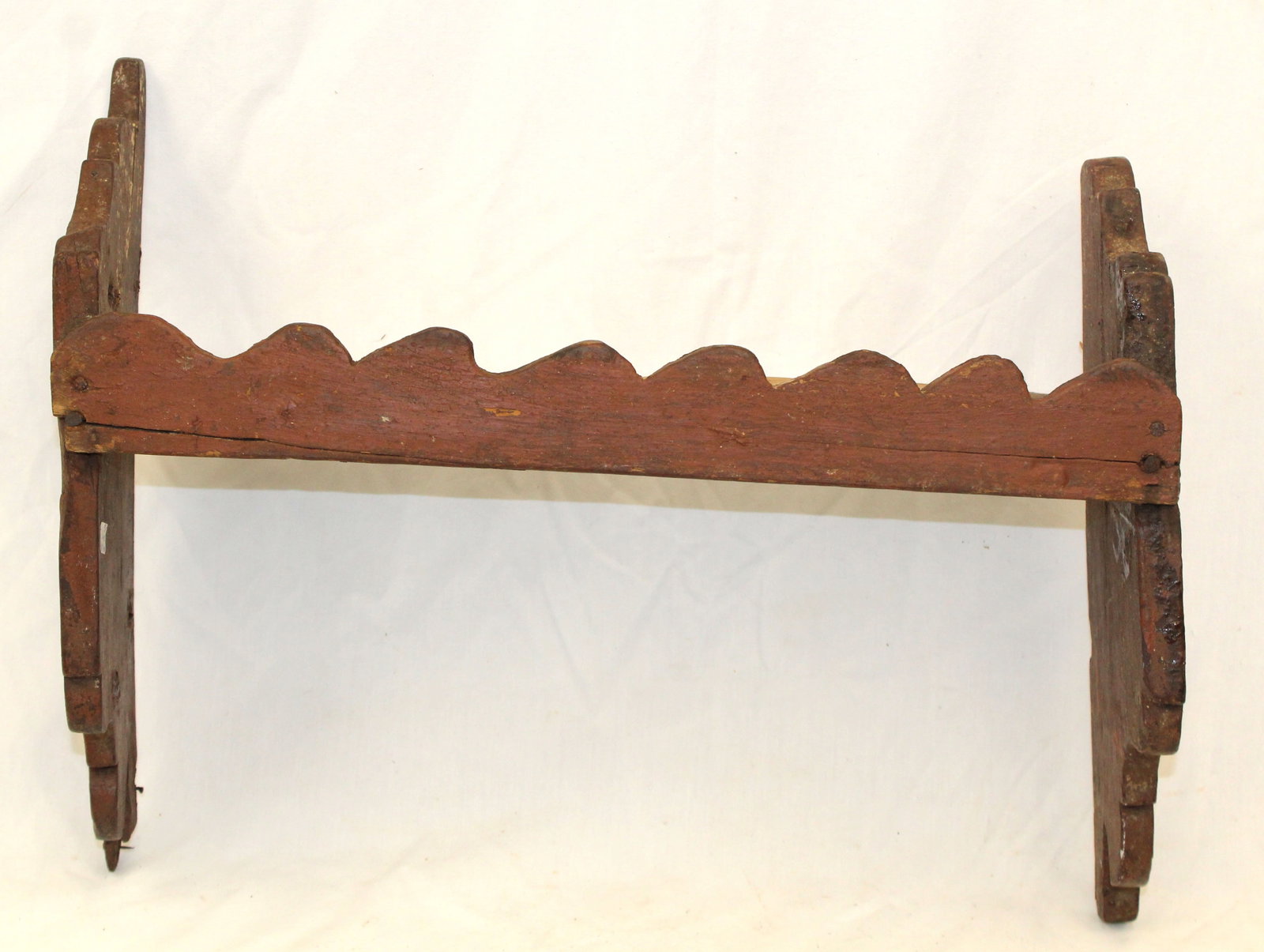 Antique carved wooden wall shelf in red paint - 13" tall x 18" wide x 6" deep: Antique carved wooden wall shelf in red paint - 13" tall x 18" wide x 6" deep