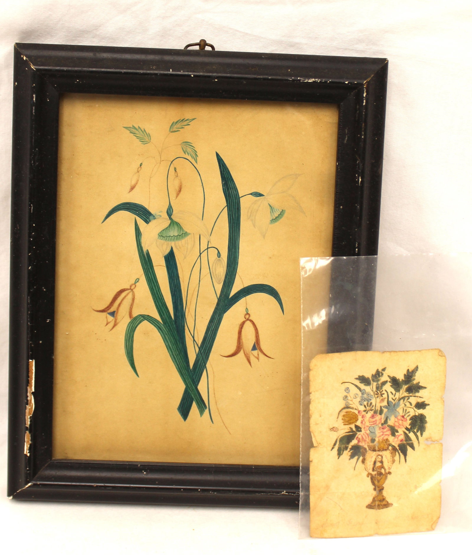 Lot of 2 miniature/small floral watercolors - 1 framed - 1 unframed - 9 3/4"x7 3/4" & 3 3/4" x 2 (1 of 6)