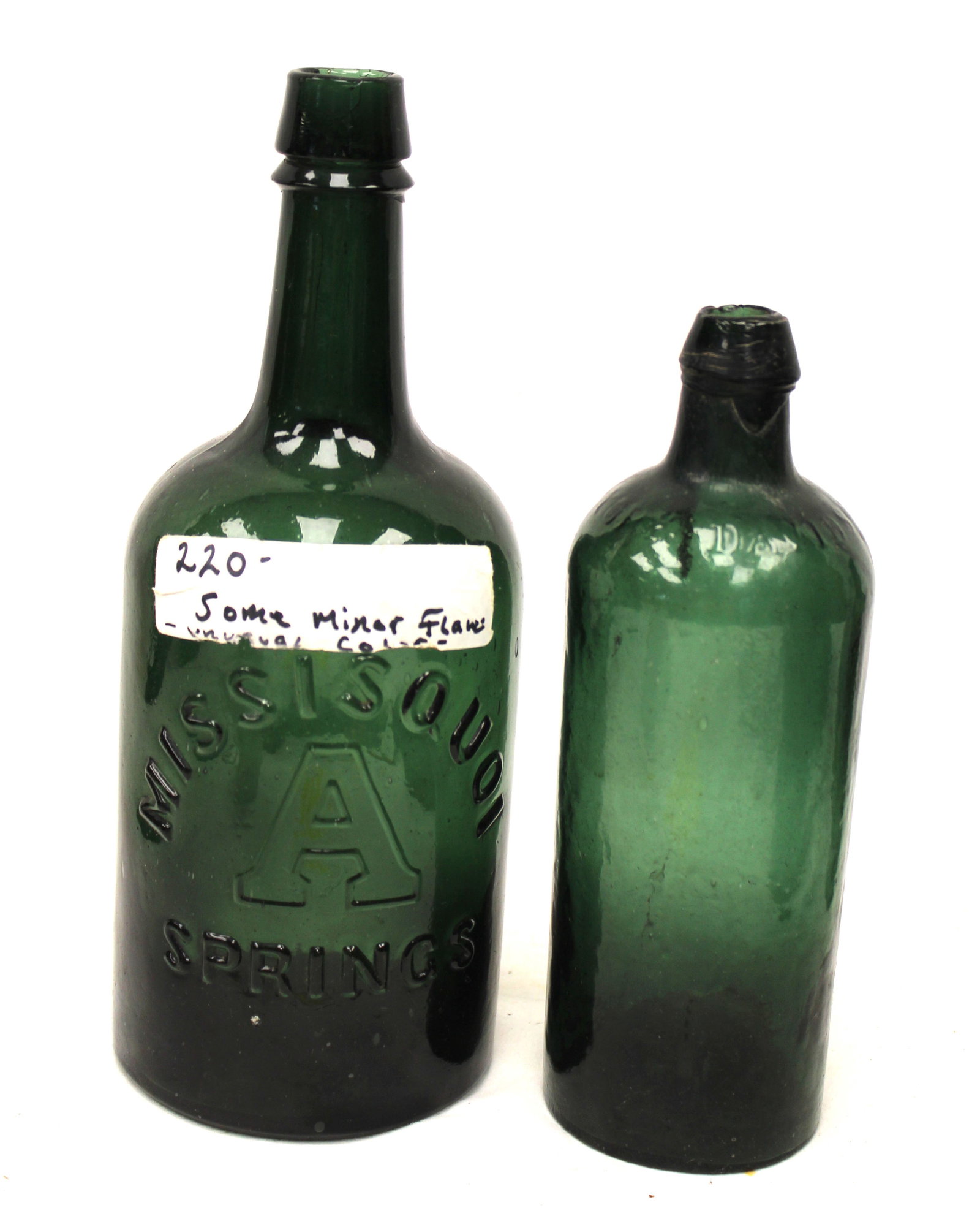 Lot of 2 early green glass bottles incl 1 Missisquoi - 8" & 9 1/2" tall (1 of 14)