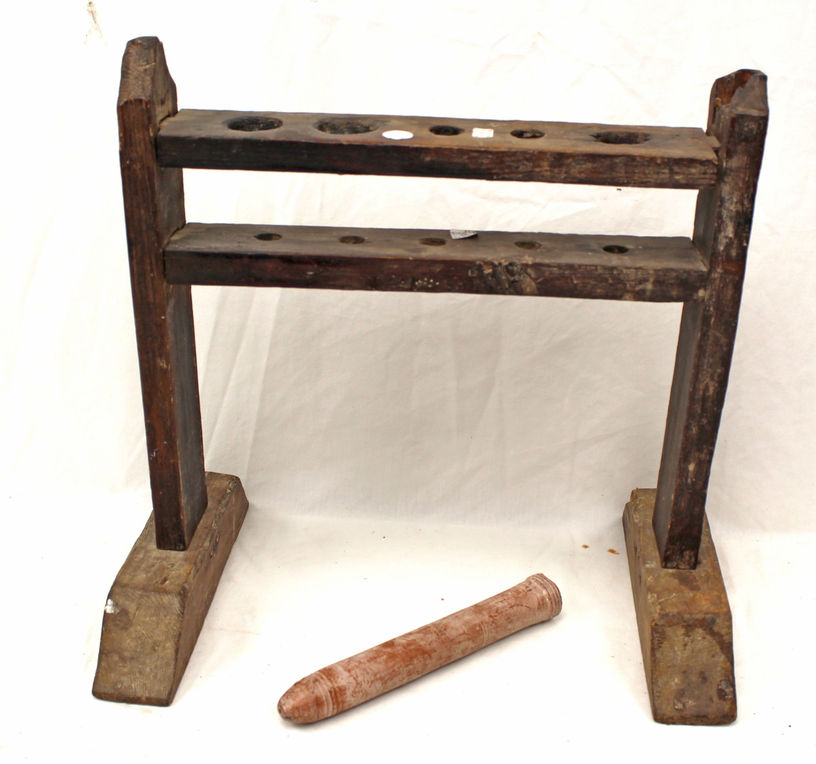 Antique wooden shoe foot candle mold holder together w a redware candle mold - 16" tall x 16" x 10" (1 of 6)