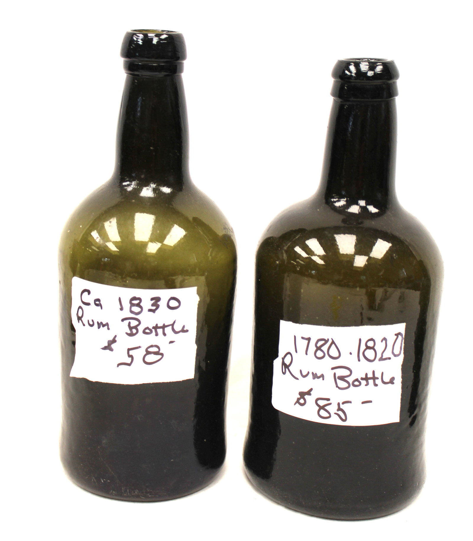 Lot of 2 early green glass bottles - 9 1/4" & 9 1/2" tall (1 of 7)