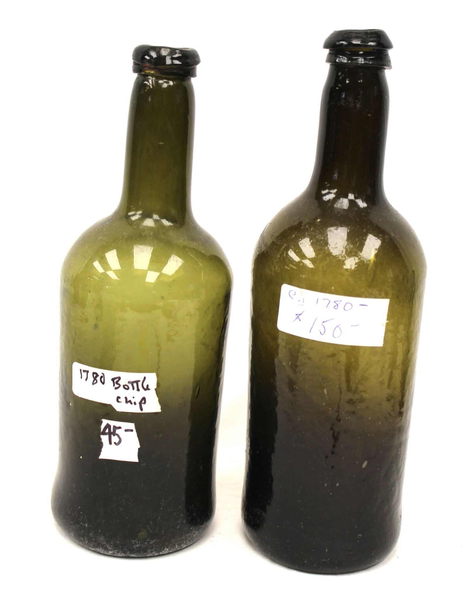 Lot of 2 early green glass bottles - 10" & 10 1/2" tall (1 of 6)