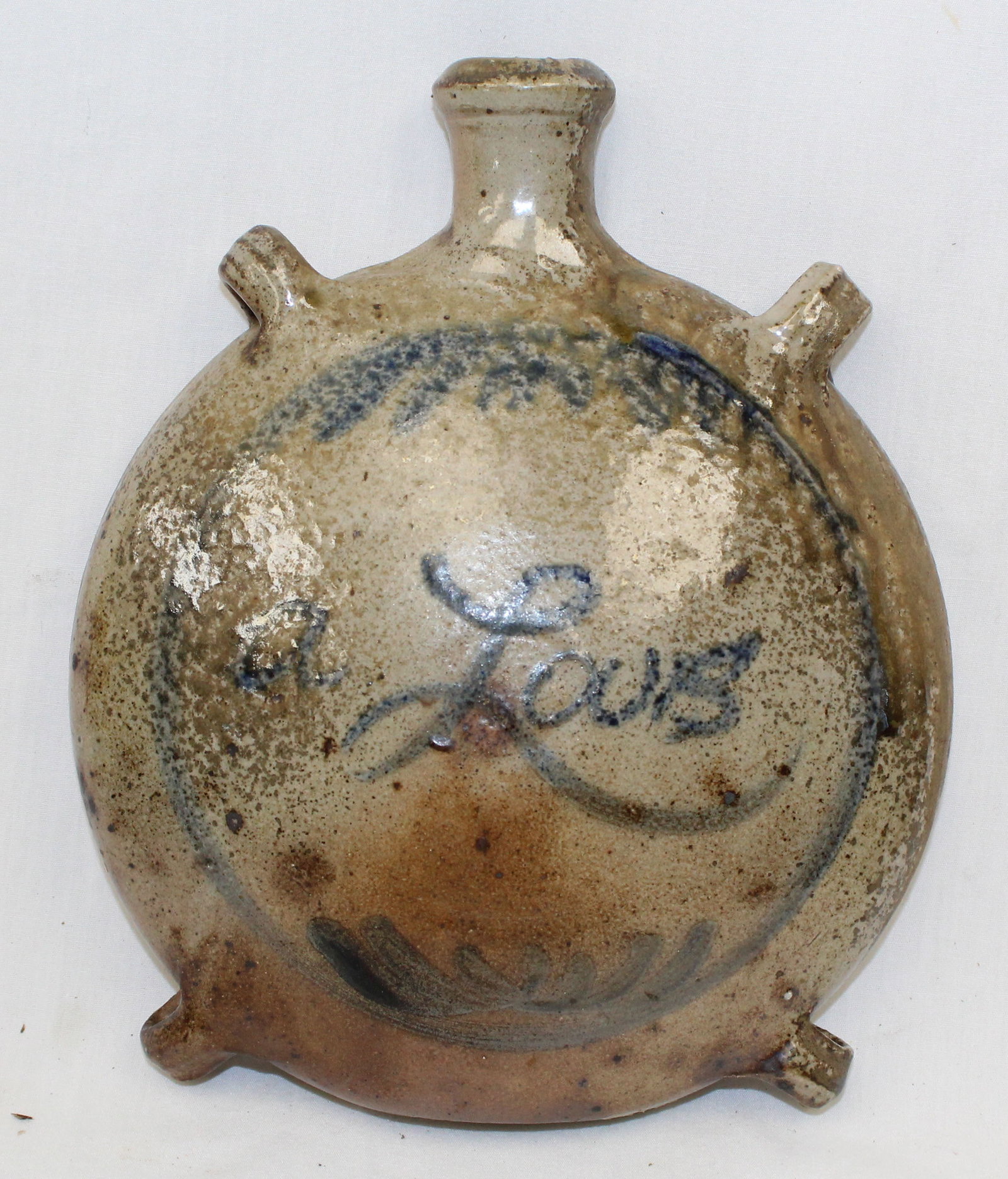Antique stoneware gourd canteen w cobalt dec & "Louis" on one side - 8 1/2" tall x 7 1/2" wide: Antique stoneware gourd canteen w cobalt dec & "Louis" on one side - 8 1/2" tall x 7 1/2" wide