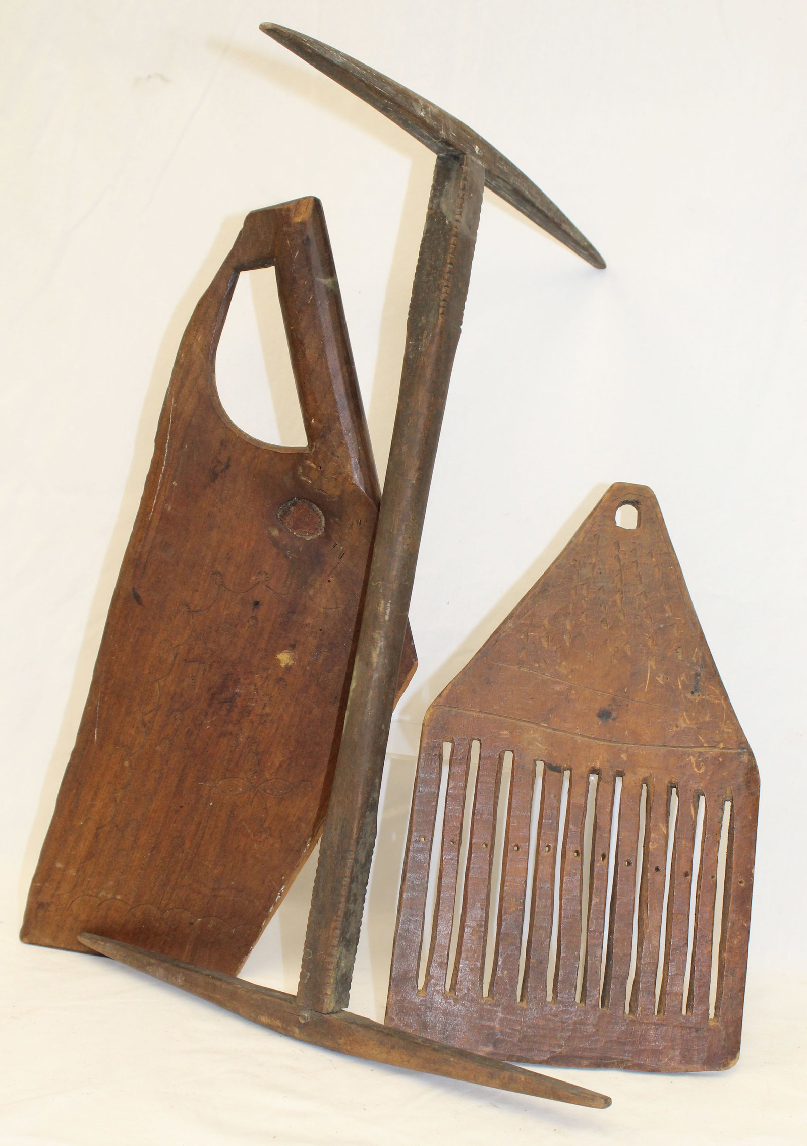 Antique treen lot incl tape loom, knitty knotty & scutching knife (as found - 11 1/2"-18" long (1 of 10)