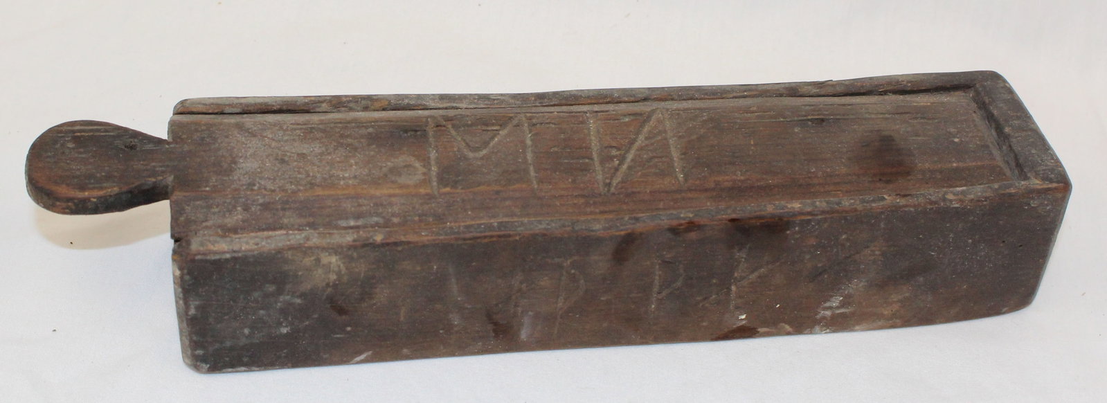 Antique slide top narrow box w lollipop handle & scratch dec initials - 2 1/2" tall x 2 1/2"x11 1/2" (1 of 8)