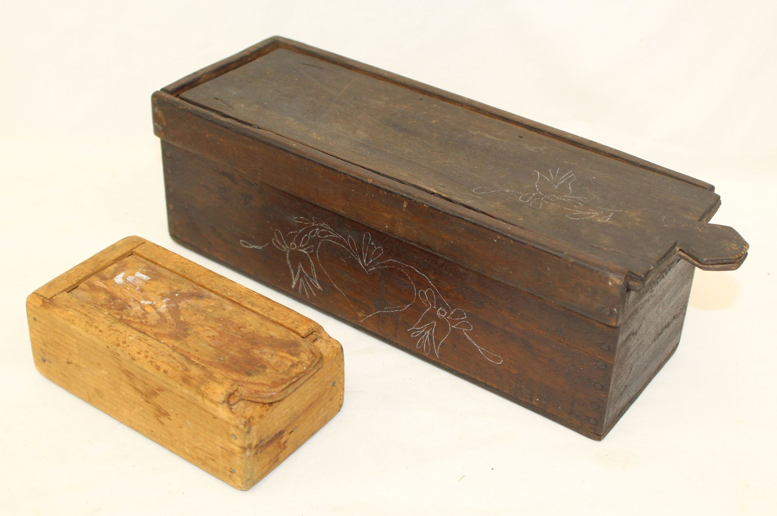 Lot of 2 antique wooden slide top boxes - 1 w scratch heart decoration - 2"x2 1/2"x5 1/4" (1 of 9)