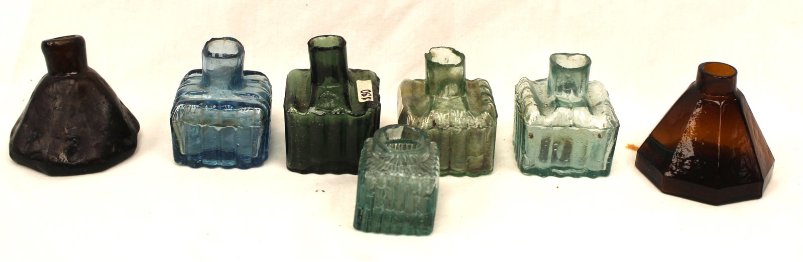 Lot of 7 antique glass inks in various forms & colors - 1 1/2" - 2 1/2" tall: Lot of 7 antique glass inks in various forms & colors - 1 1/2" - 2 1/2" tall
