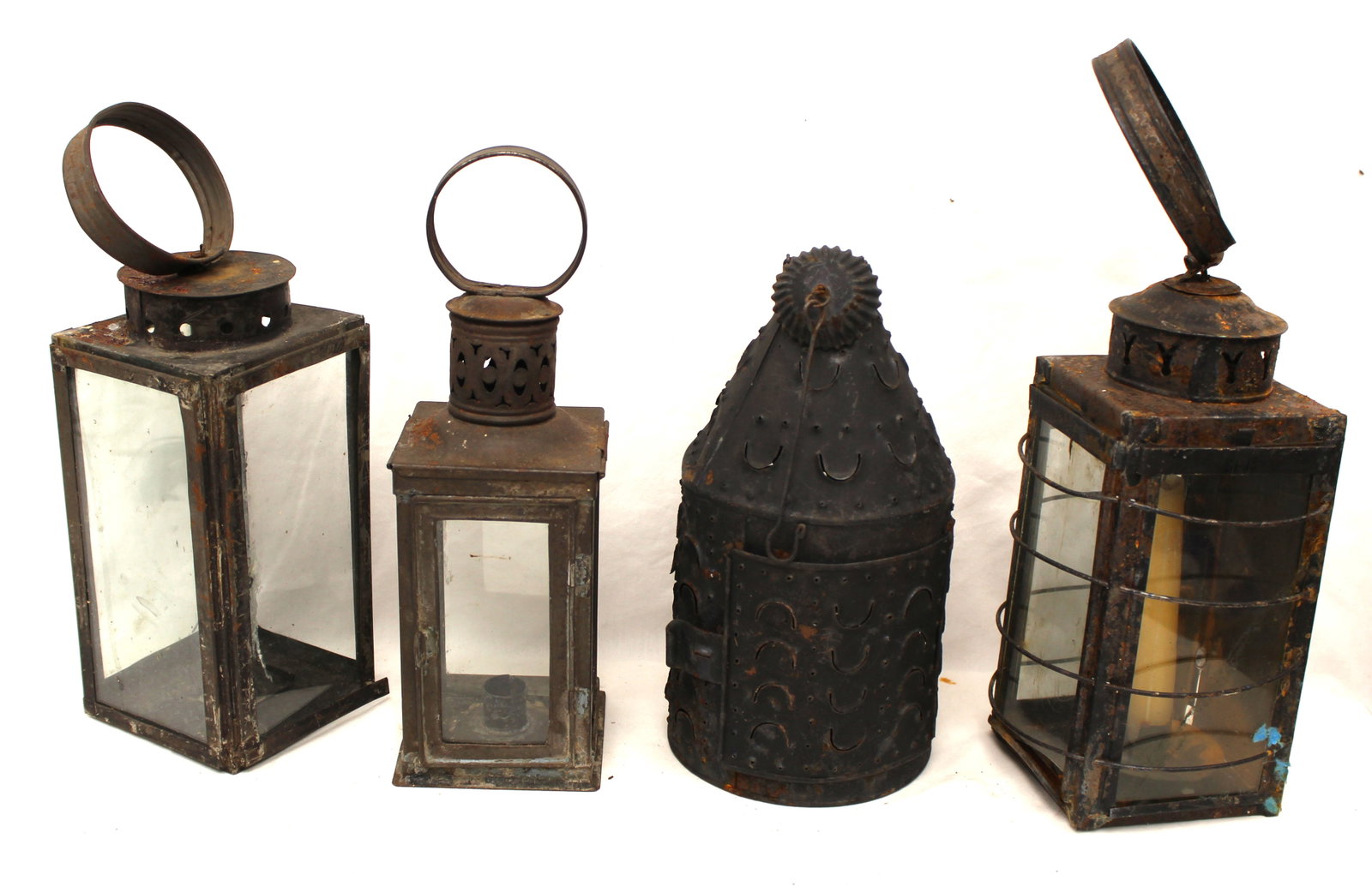 Lot of 4 antique tin & iron lanterns - 13" - 16" tall (1 of 7)