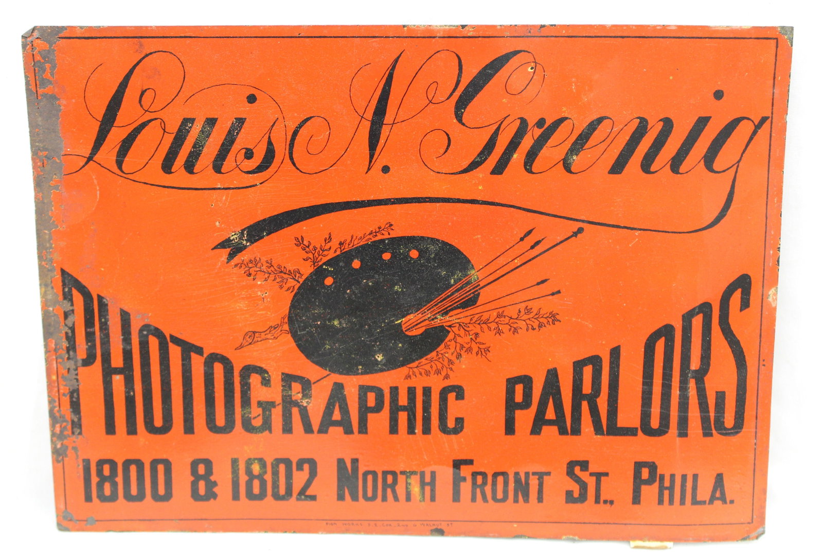 Sheet tin trade sign "Louis N. Greenig Photographic Parlors" (1 of 3)