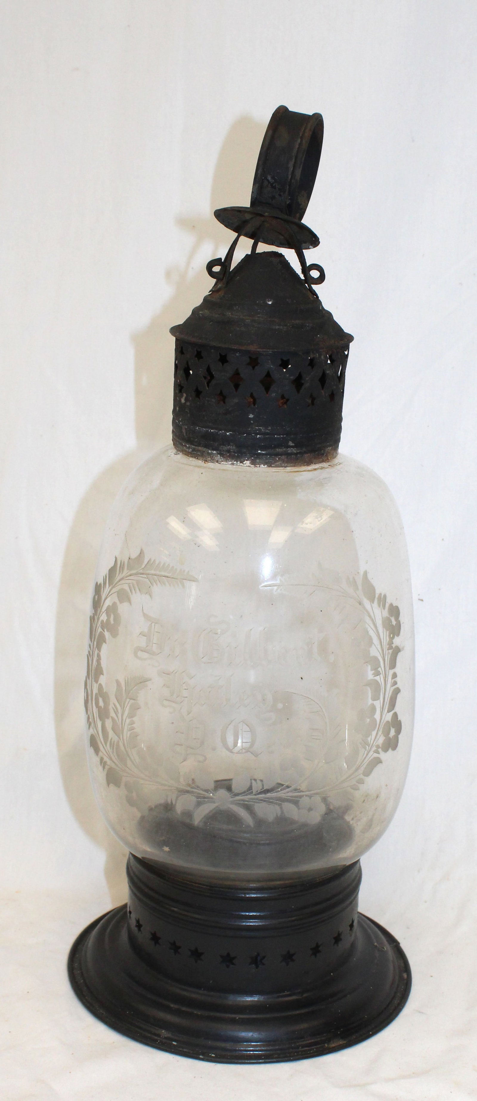 Antique tin & glass lantern w etched presentation decoration - 16" tall (1 of 6)