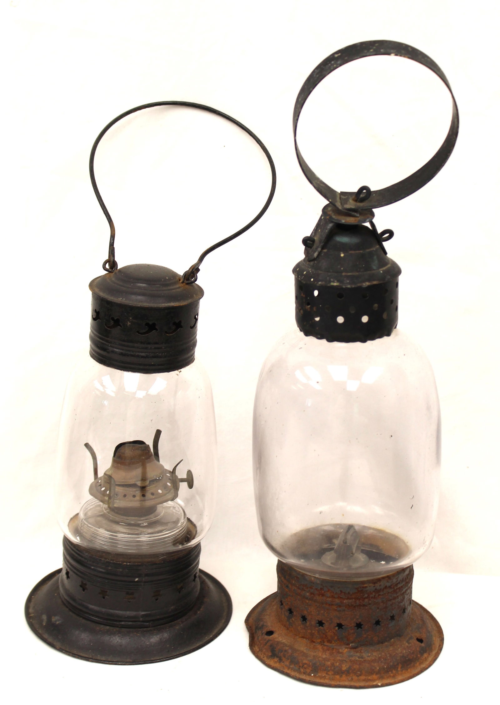 Lot of 2 antique glass & pierced tin lanterns - 17" & 18" tall (1 of 7)