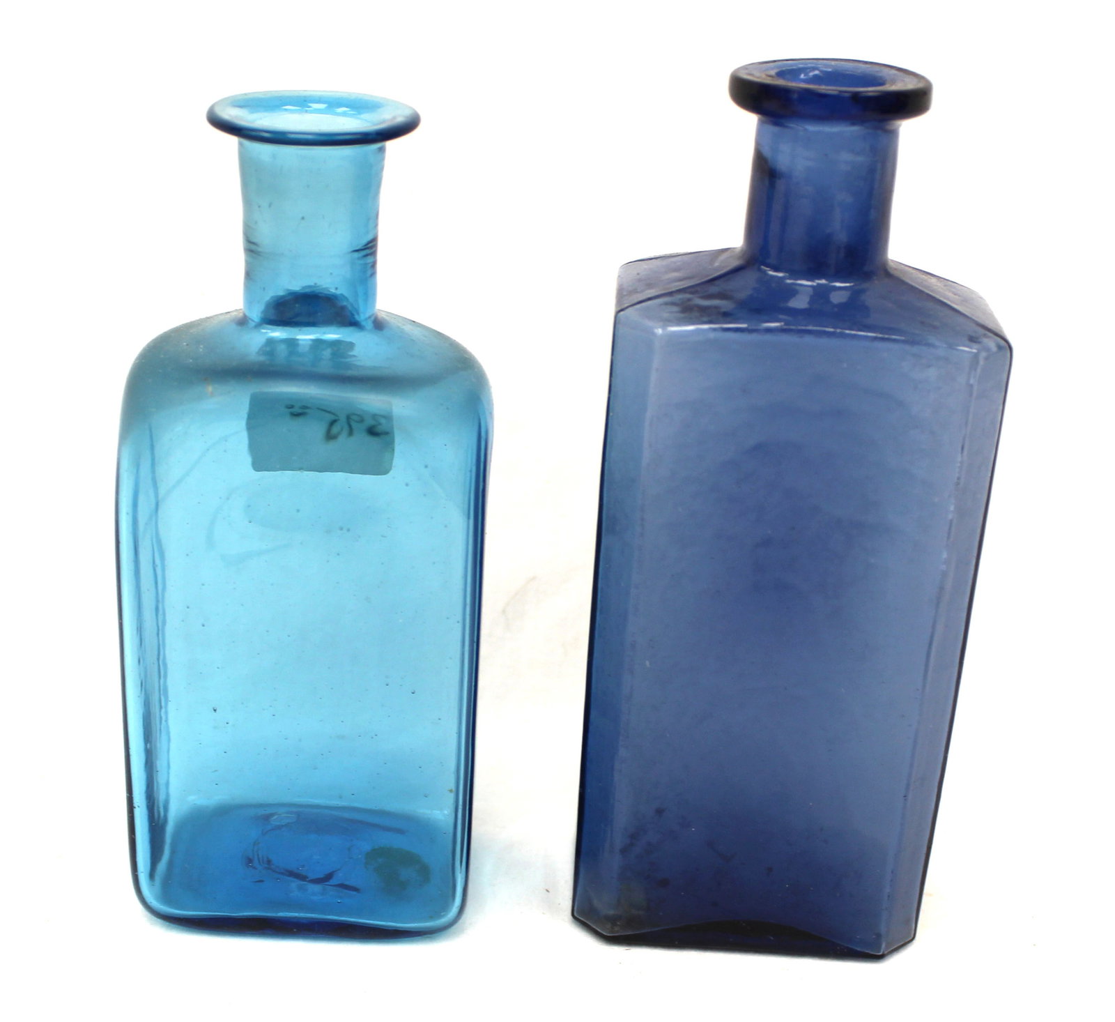 Lot of 2 early blue glass bottles - 5 1/2" & 6" tall (1 of 5)