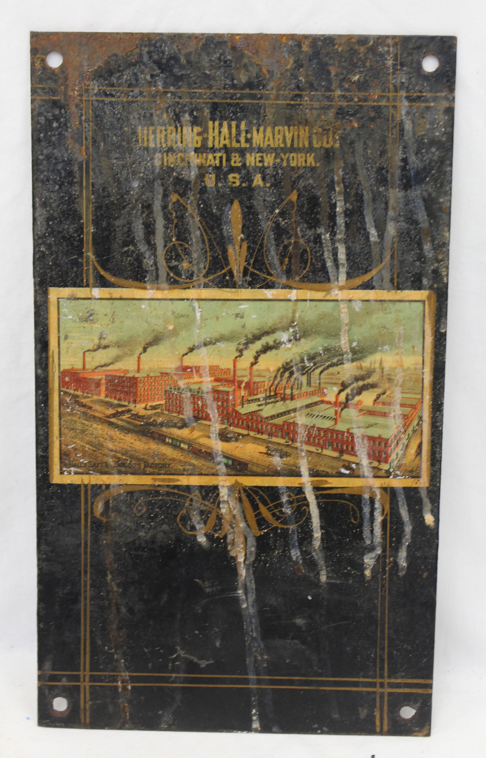 Antique sheet tin trade sign for Hall's Safe & Lock Co's Factory - 15 1/2"x8 1/2" (1 of 5)