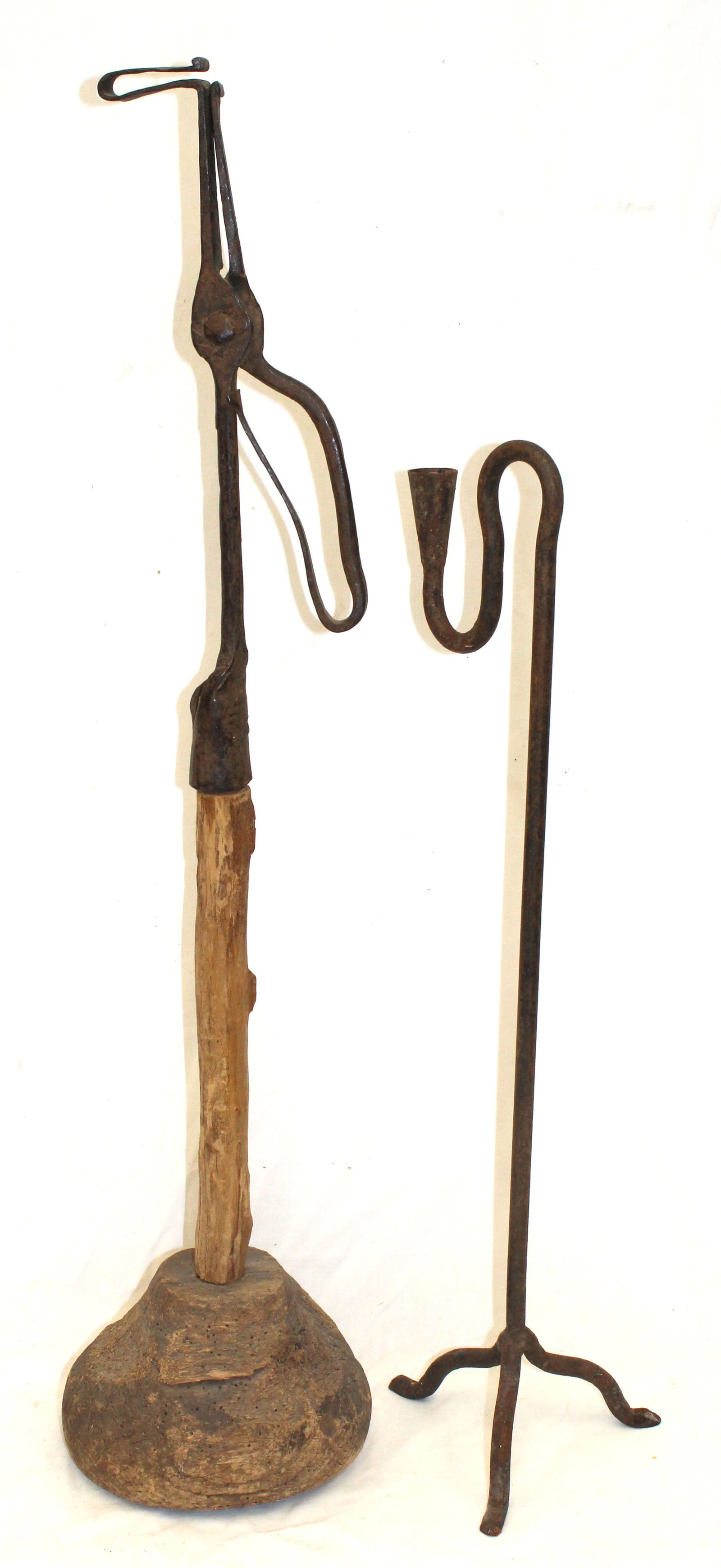 Lot of 2 antique wood & iron lighting devices - 24" & 32" tall (1 of 7)