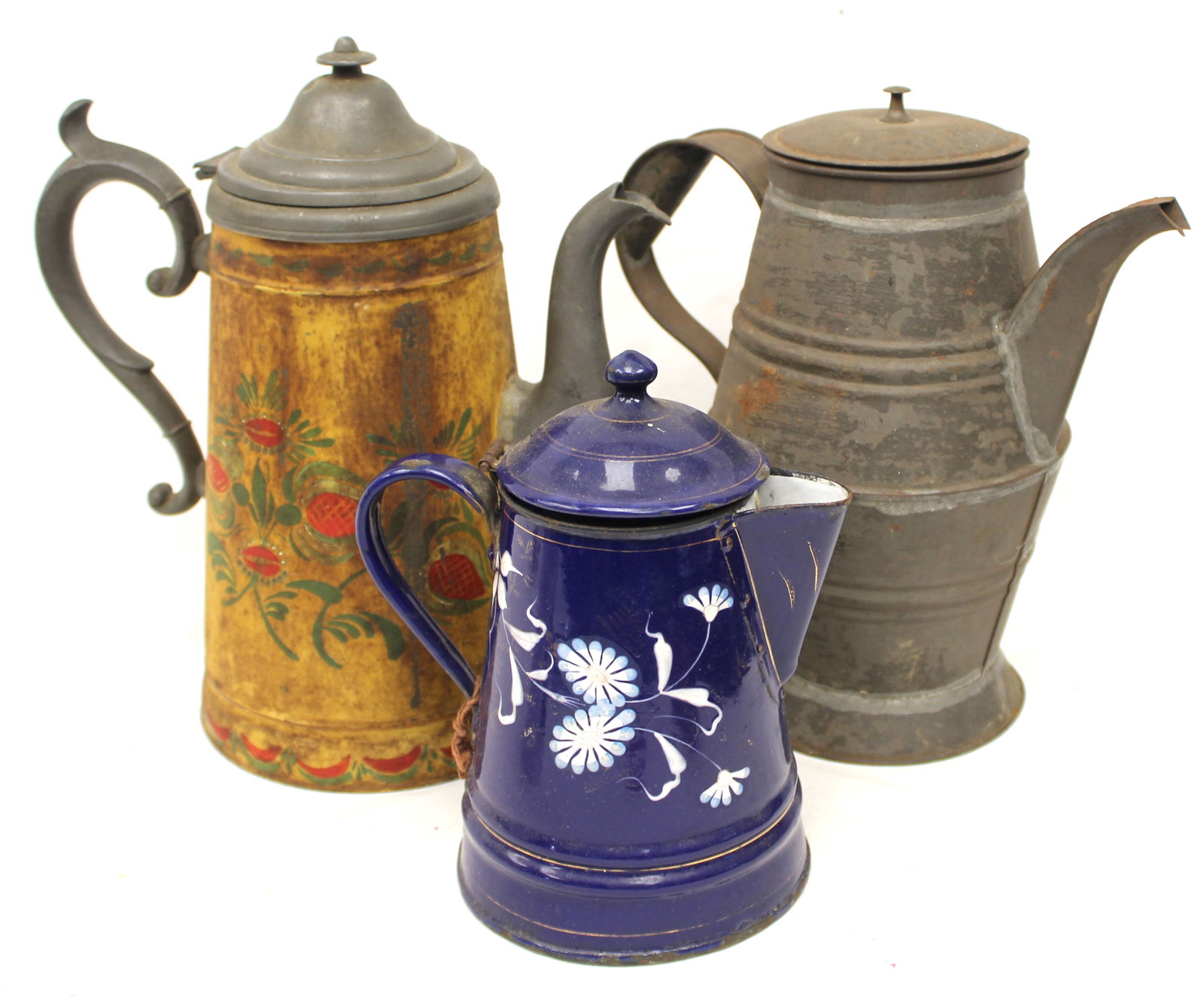Lot of 3 toleware tea/coffee pots - 8"-12" tall (1 of 5)