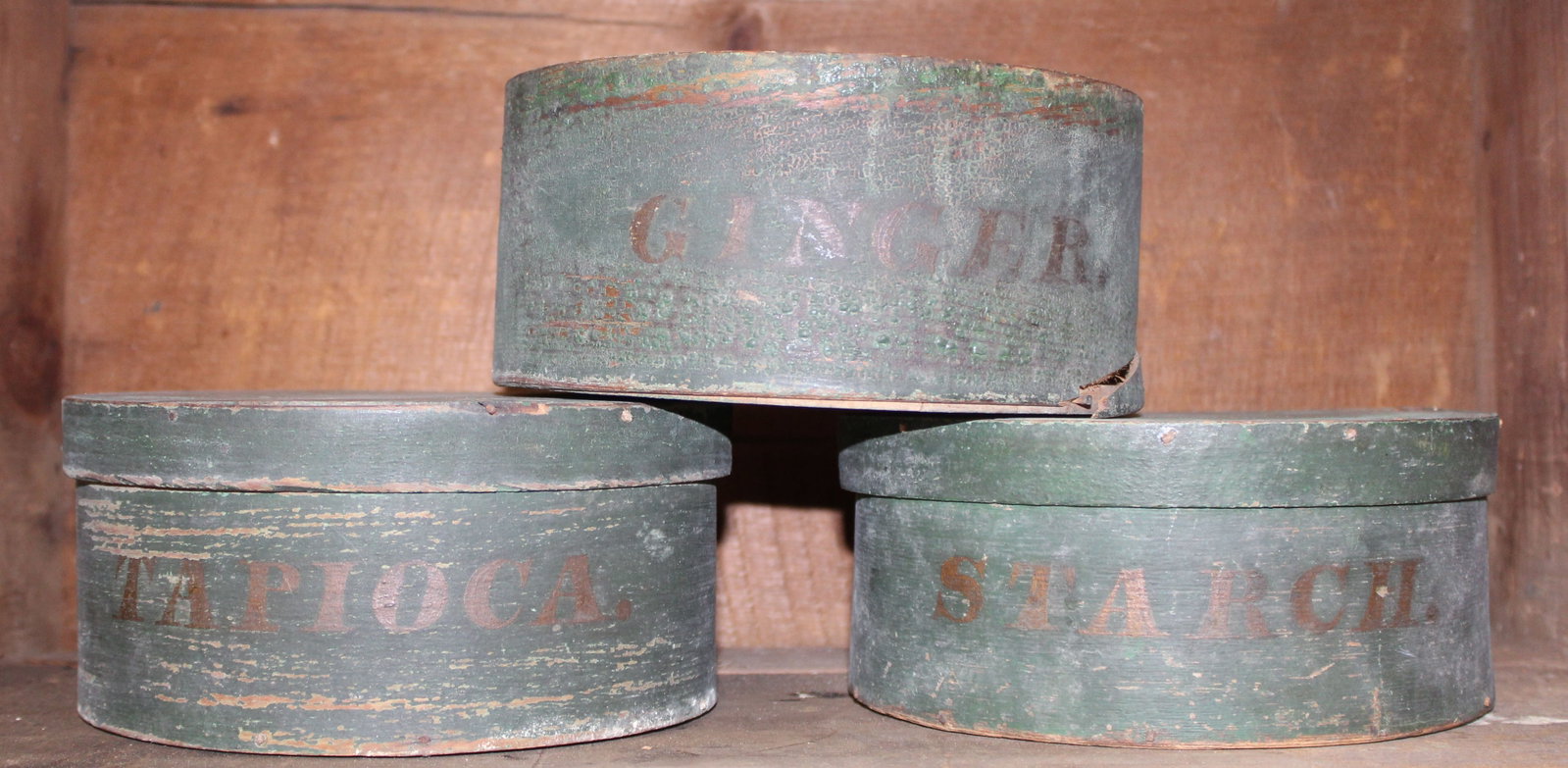 Lot of 3 antique round pantry/spice boxes w spice names on front - Ginger, Tapioca & Starch - 1 (1 of 12)