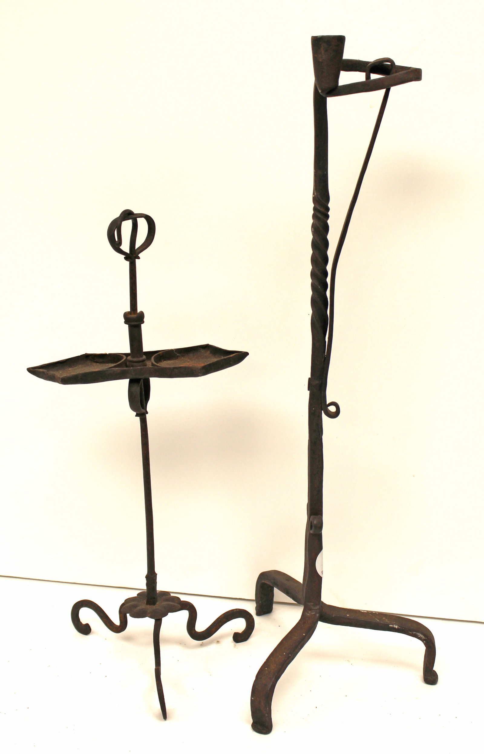 Lot of 2 antique iron lighting stands incl adjustable grease lamp - 18 1/2" & 24 1/2" tall (1 of 7)