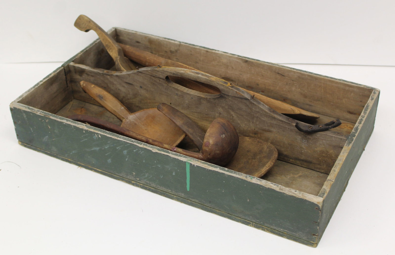 Lot of antique wooden ladles & butter paddles inside an antique utility carrier in green paint - box: Lot of antique wooden ladles & butter paddles inside an antique utility carrier in green paint - box is 5" tall x 21"x12"