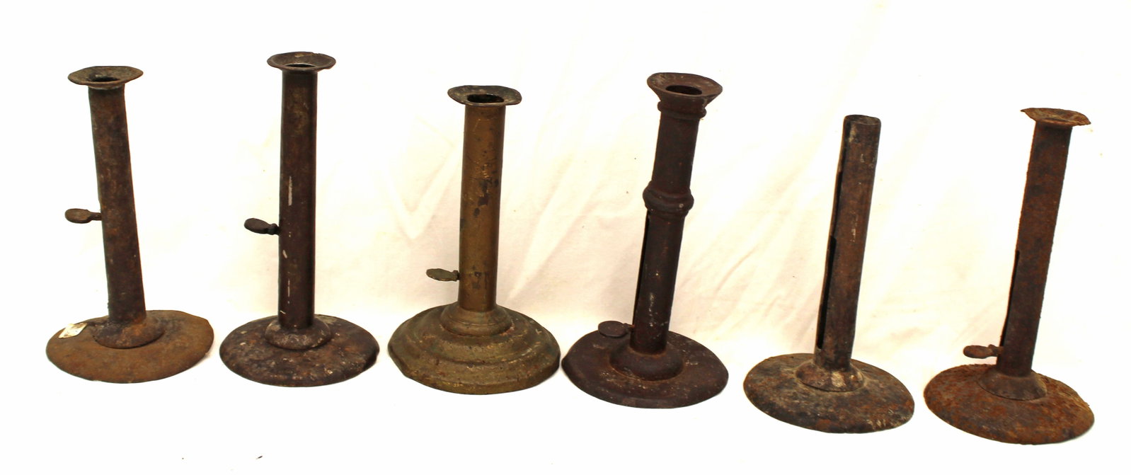 Lot of 6 antique tin push up hogscraper candle holders - 6 3/4" - 7 1/2" tall (1 of 8)