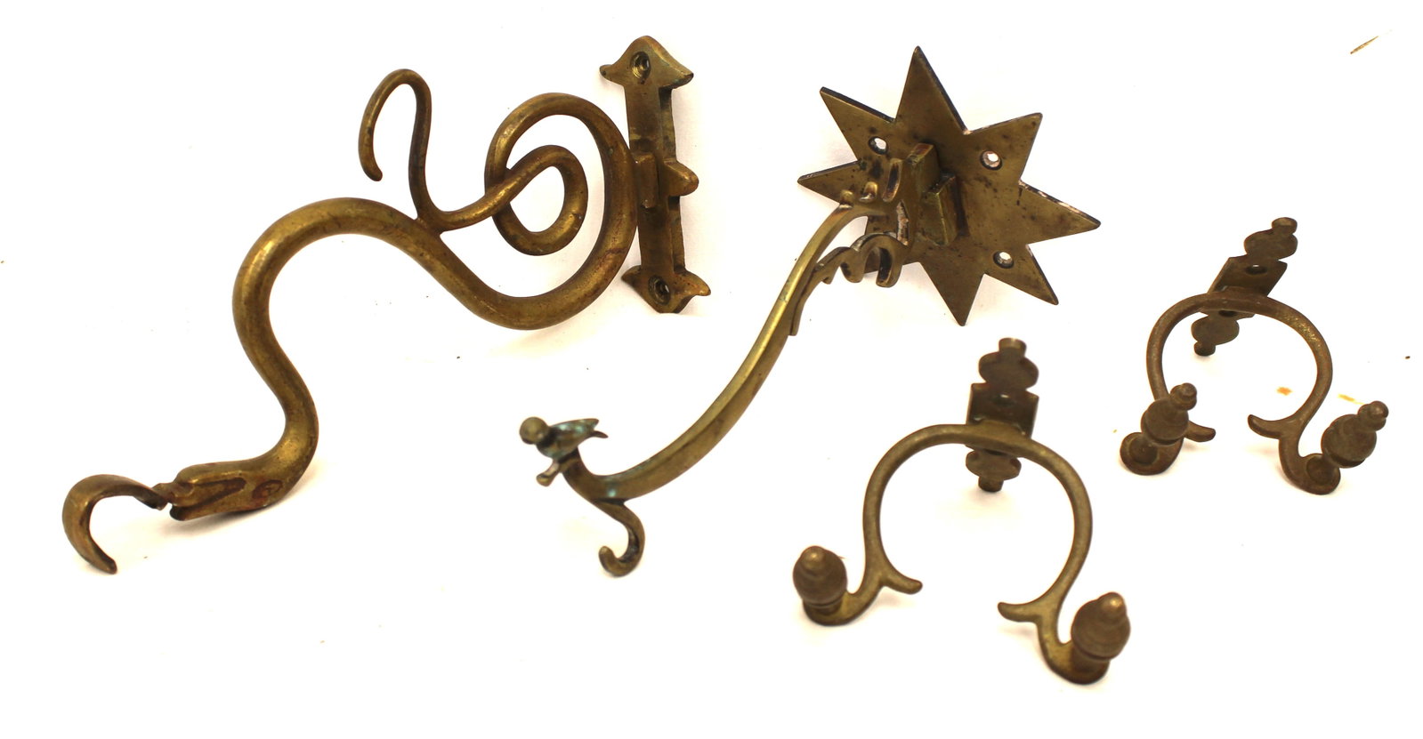 Lot of 2 brass wall hooks plus a pair of brass wall brackets for fireplace tools - 4" - 10" (1 of 10)