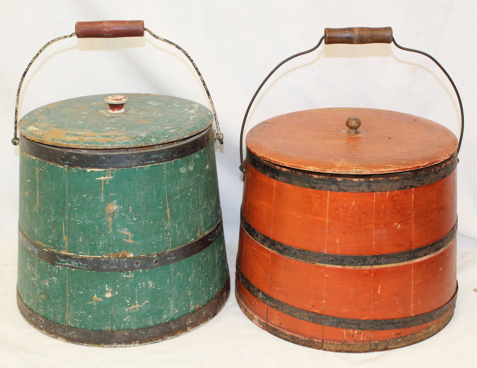 Lot of 2 antique iron banded buckets w bail handles & lids in red & green paint - 10" & 11" tall (1 of 8)