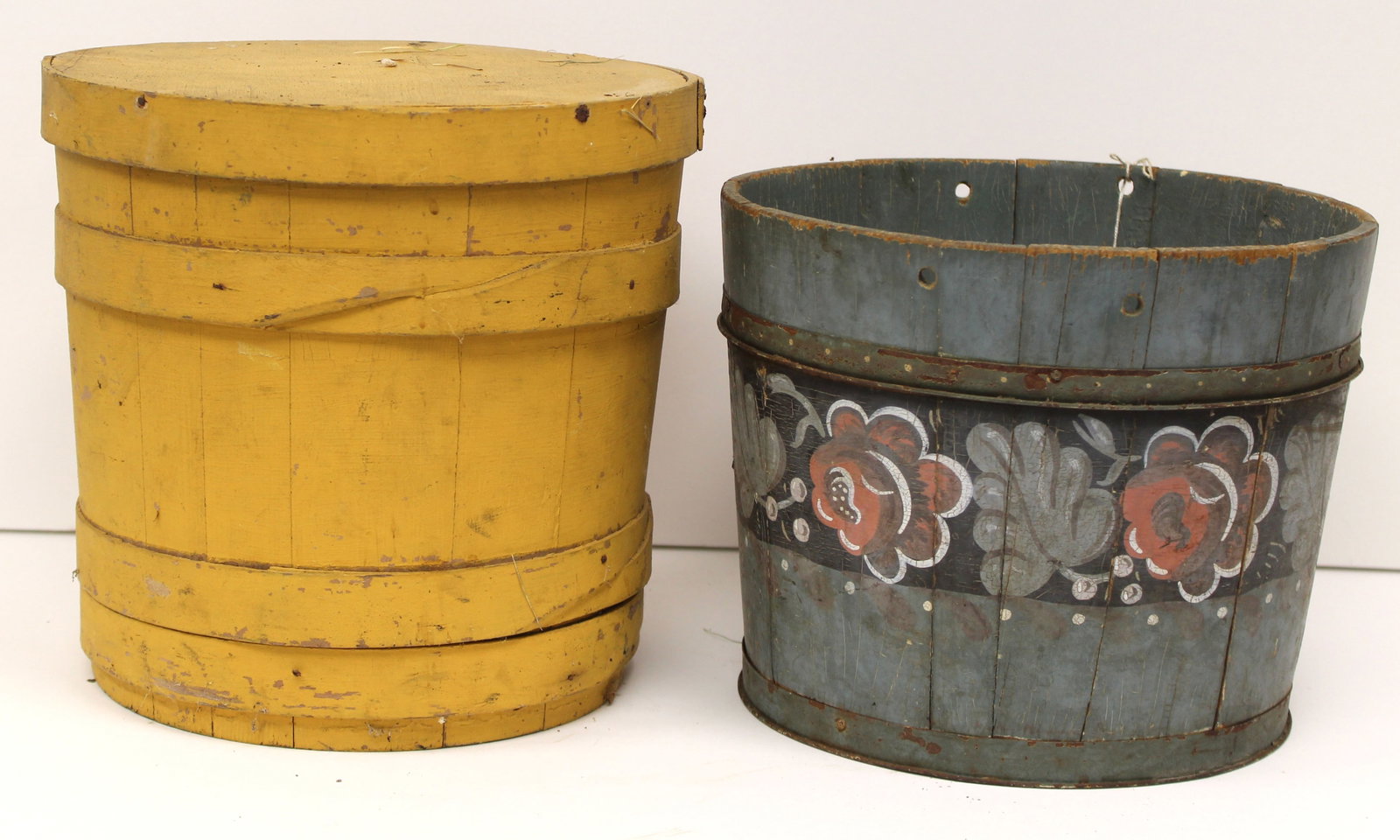 Lot of 2 antique buckets incl 1 in yellow paint w lid & the other in floral dec gray paint - 11" &