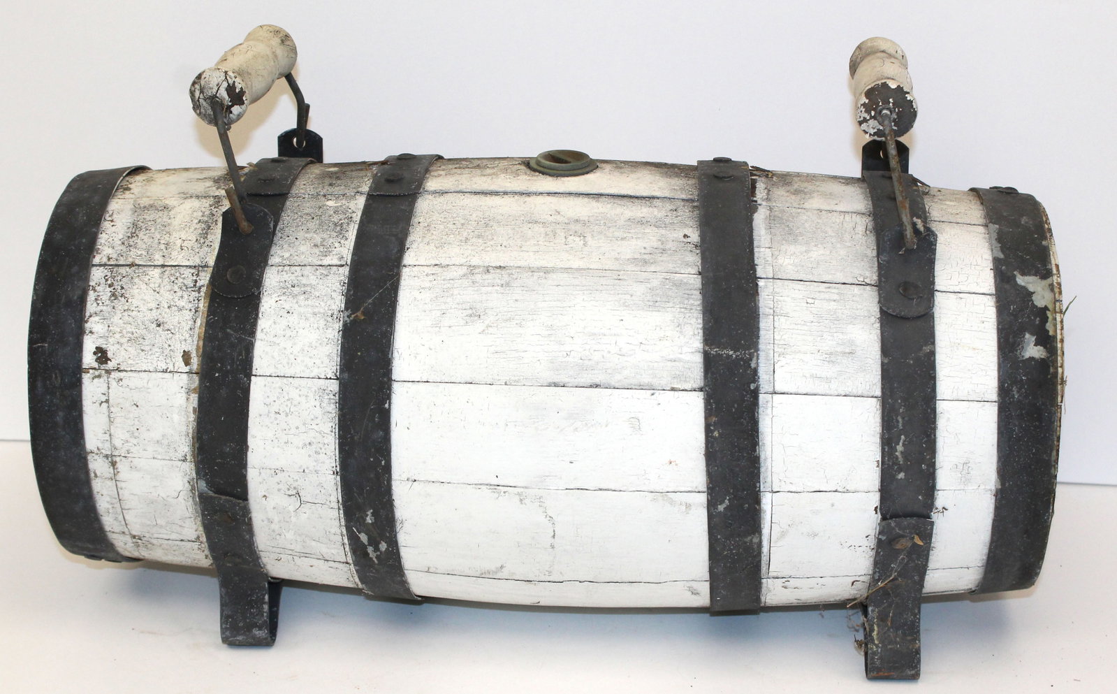 Antique iron banded barrel keg in white paint w handles - 10 1/2" tall x 22"x9": Antique iron banded barrel keg in white paint w handles - 10 1/2" tall x 22"x9"