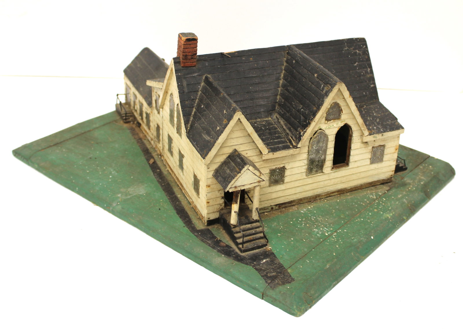Folk Art wooden painted house model on green painted board w breadboard ends - 9" tall x 21 1/2"x16 (1 of 6)