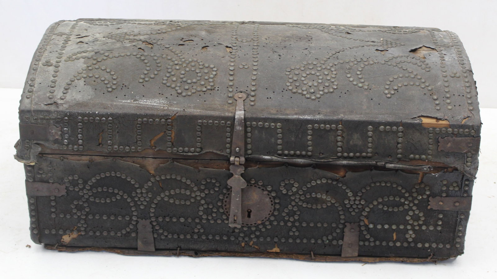 Antique leather covered dome top coach trunk w iron bandings & tack decoration - 15 1/2" tall x 35" (1 of 8)