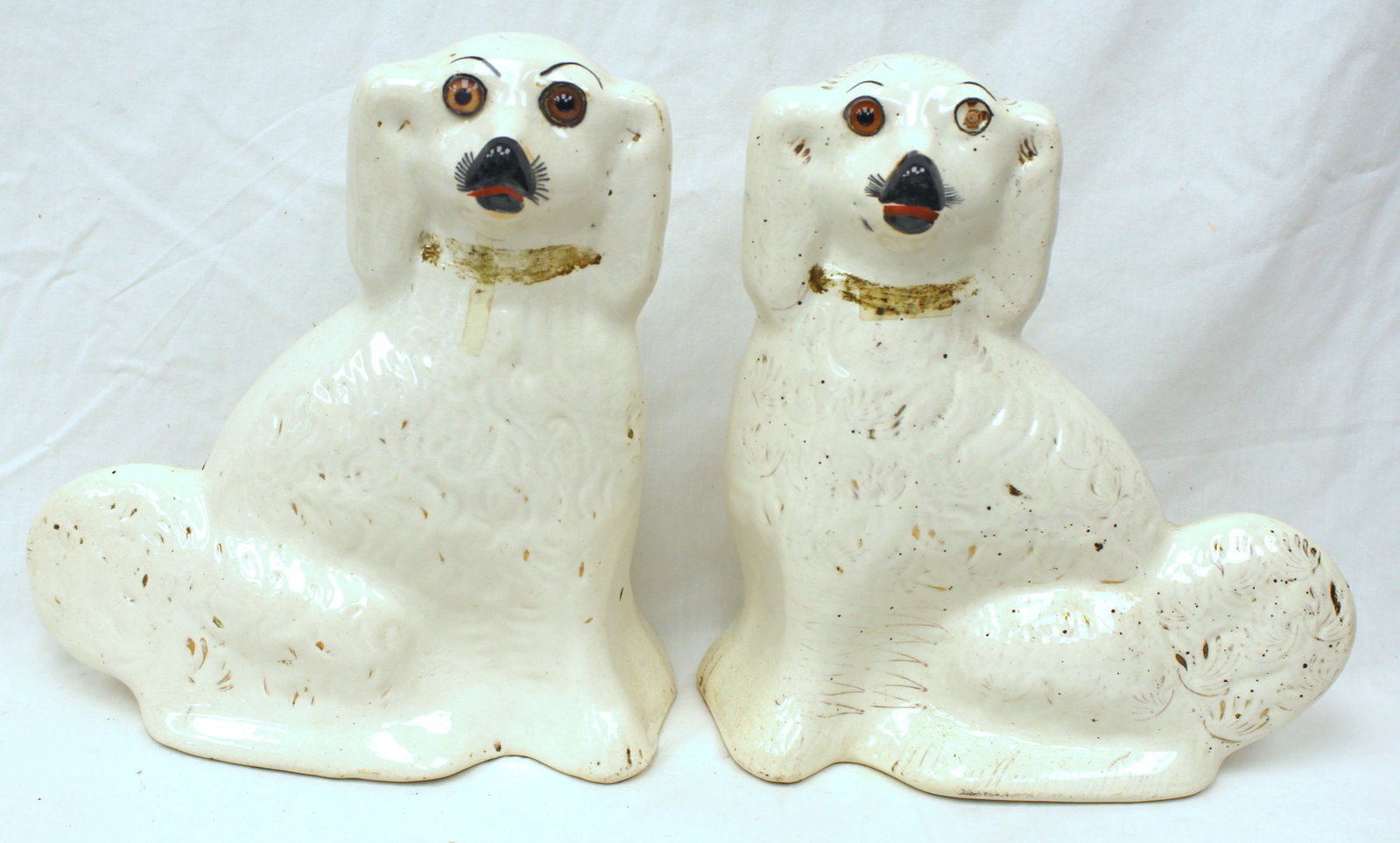 Pair of antique Staffordshire white Spaniels - 1 missing an eye - 12" tall (1 of 9)