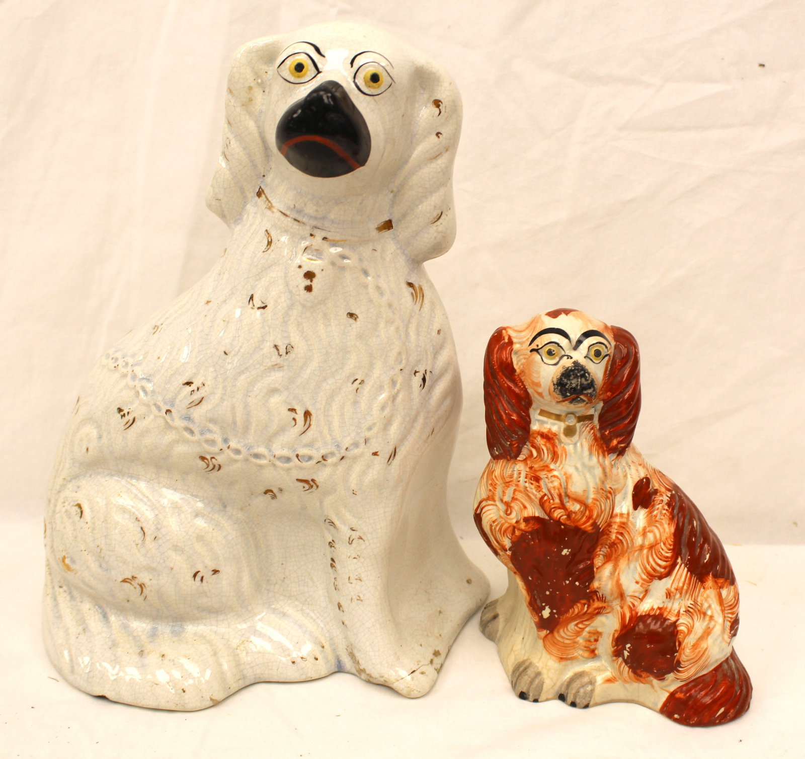 Lot of 2 antique Staffordshire Spaniels - small & large - 7" & 12" tall (1 of 7)