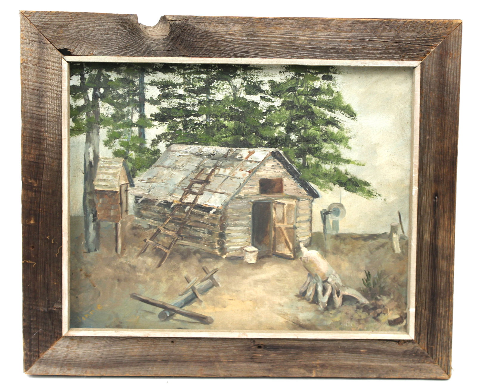 Folky o/c of a log cabin in the woods in rustic frame - overall framed size 20 3/4"x25"
