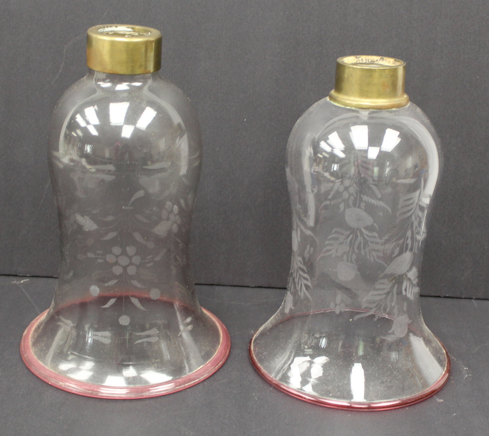 Near pair of antique etched glass hurricane shades w ruby rims - 9 1/4 & 9 1/2" tall (1 of 7)