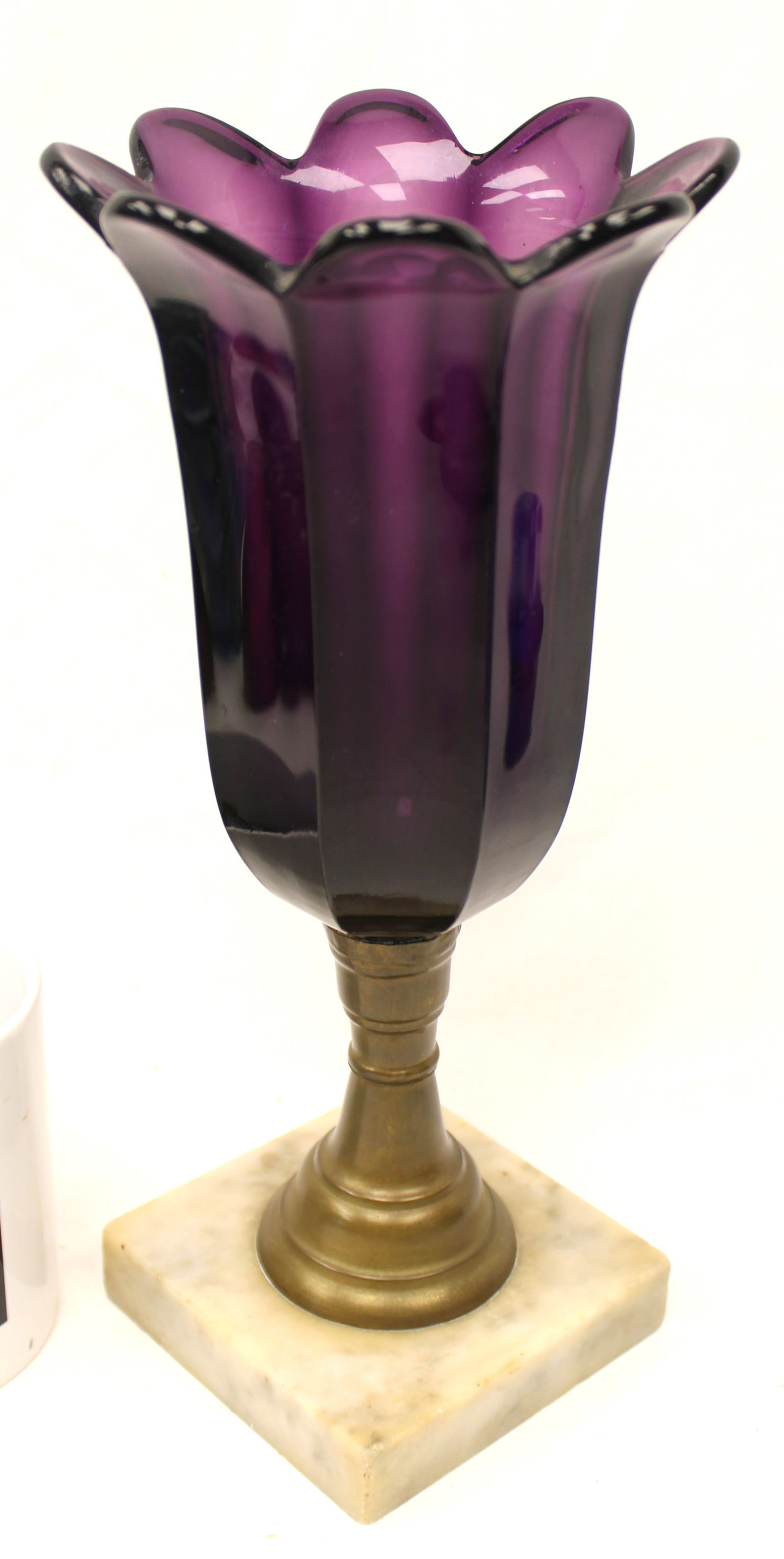 Antique amethyst glass tulip vase on marble base - attrib Sandwich glass - 12" tall (1 of 9)