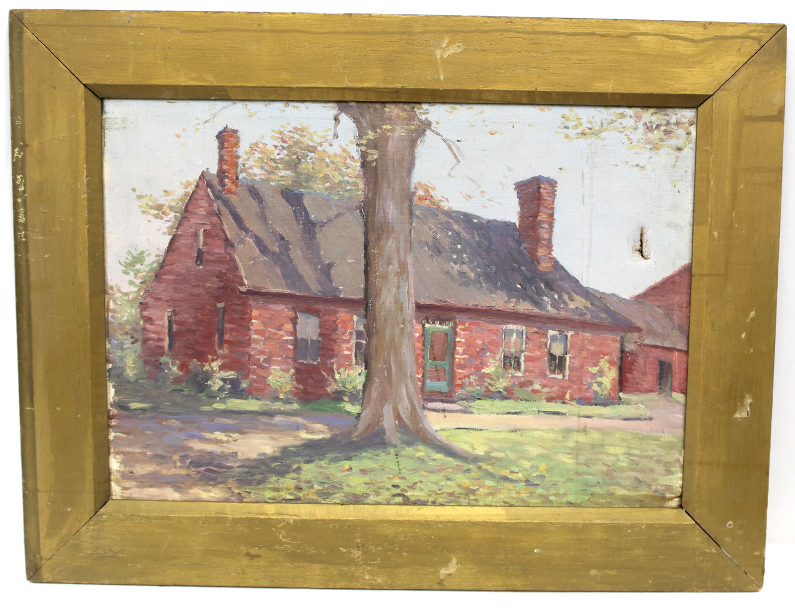 Unsigned o/c of a red Cape house w tree w sketch of the house on verso - overall framed size 25