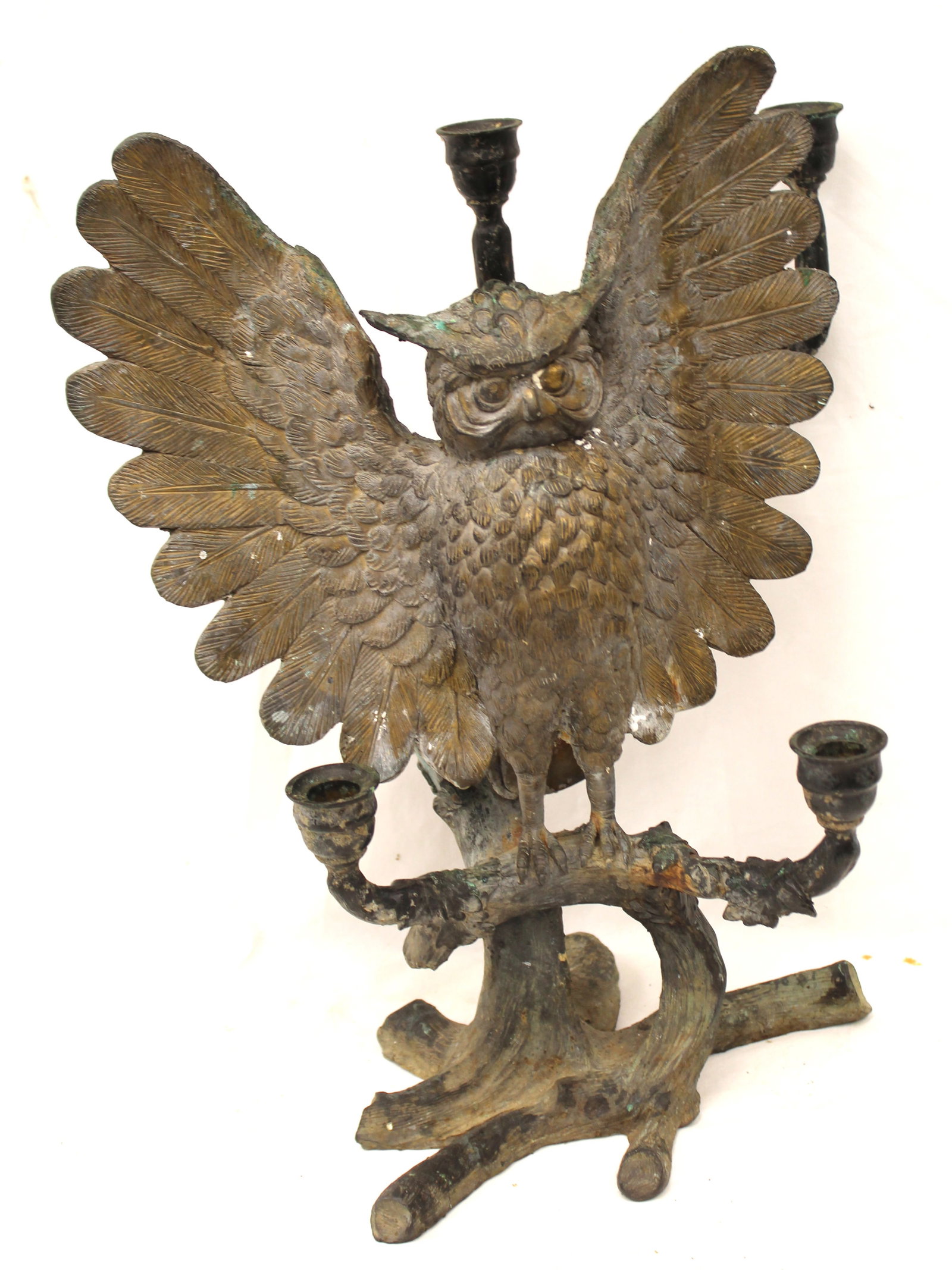 Antique bronze & iron owl form candelabra - 18 1/4" tall x 14 1/2" wide z 11" deep (1 of 7)