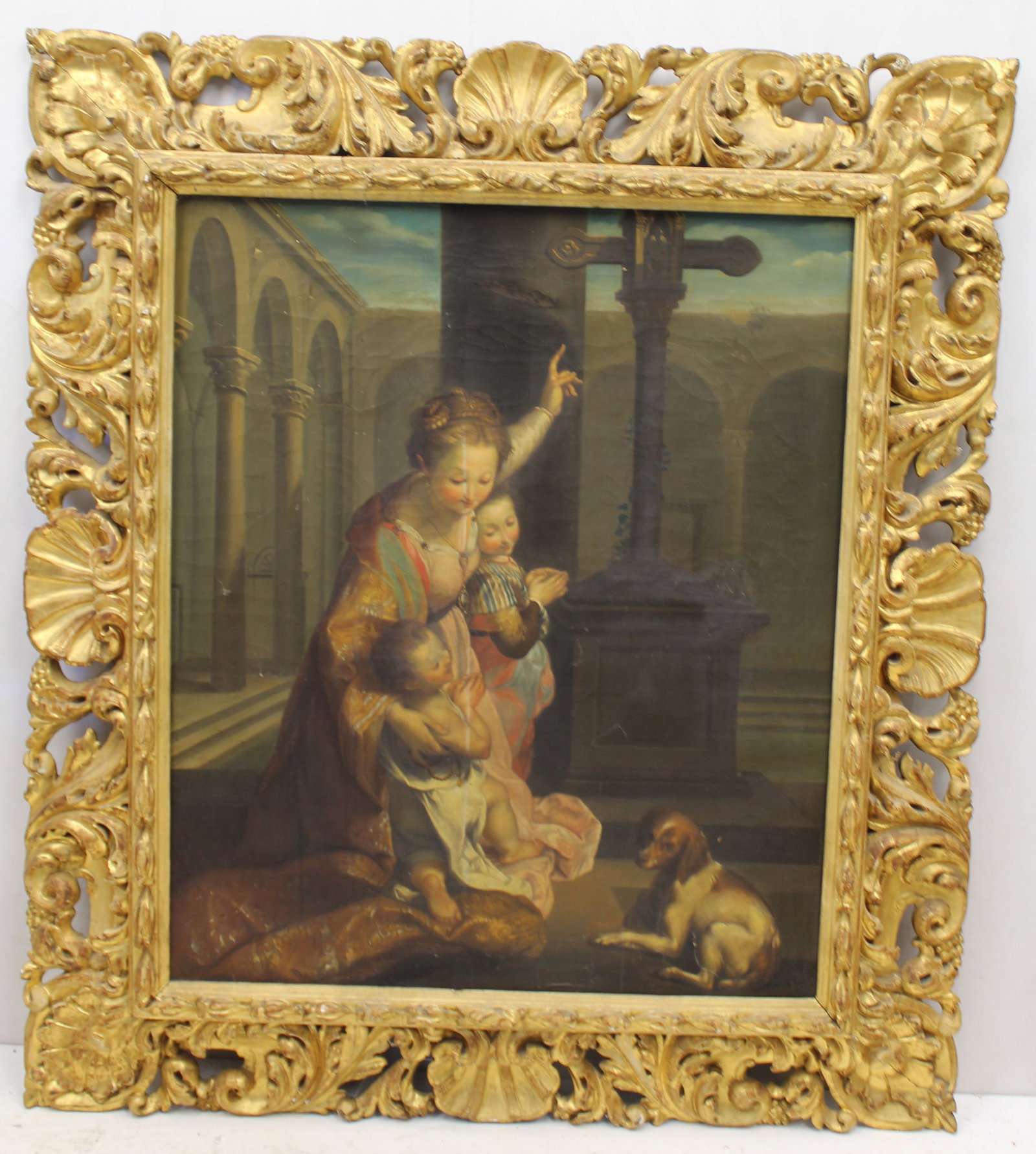 Large early Italian o/c of a mother w children & dog in a courtyard in a carved wooden frame - (1 of 11)