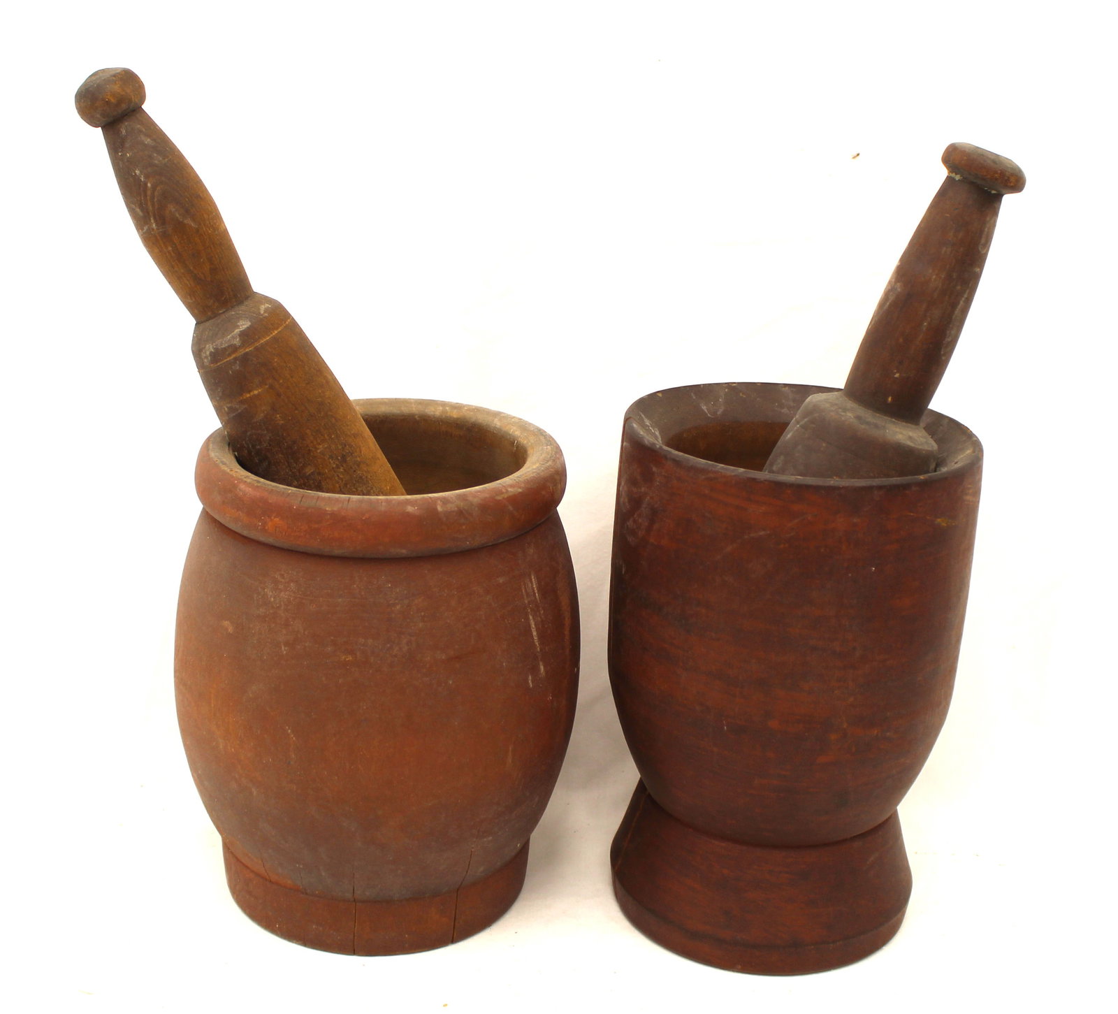 Lot of 2 antique wooden mortars & pestles in red paint - 7 & 7 3/4" tall mortars (1 of 10)