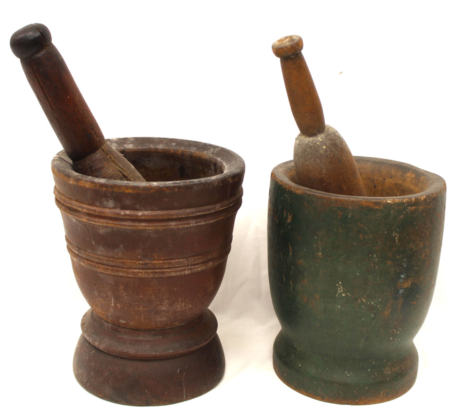 Lot of 2 antique wooden mortars & pestles in red & green paint - 8 & 8 1/2" tall mortars (1 of 10)